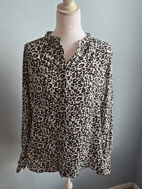 Loft Womens Small Leopard Print Button Down Blouse Long Sleeve Animal Print Top